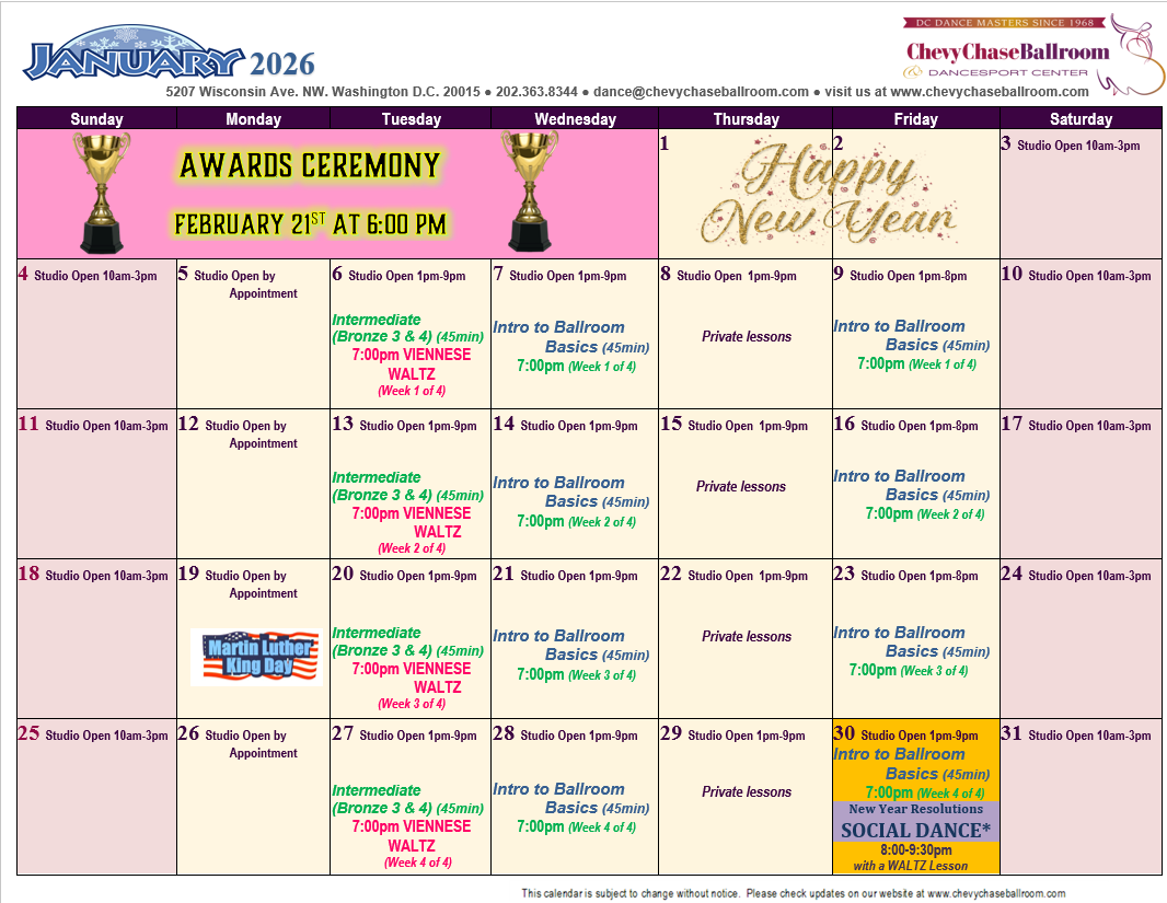 January 2026 Chevy Chase Ballroom monthly class calendar
