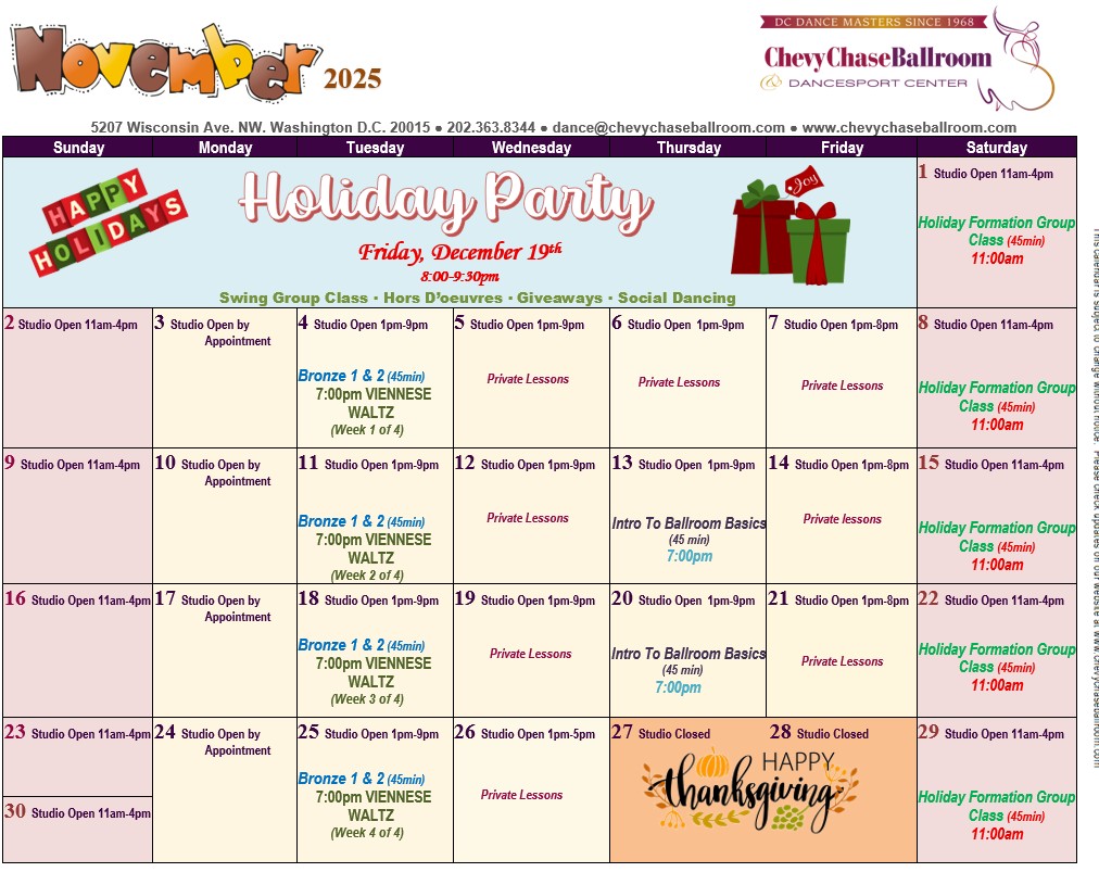 November 2025 Chevy Chase Ballroom monthly class calendar